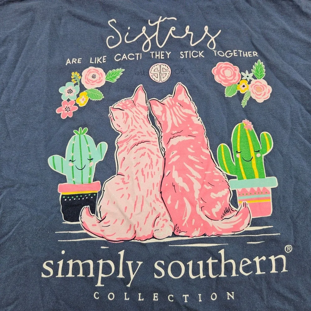 Simply Southern Sisters Cacti Cats Long Sleeve Shirt Blue Size Large - Picture 6 of 10